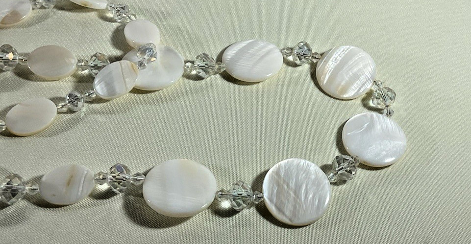 Mother of Pearl Abalone Necklace White Double Strand w/ Clear Glass Beads Chic