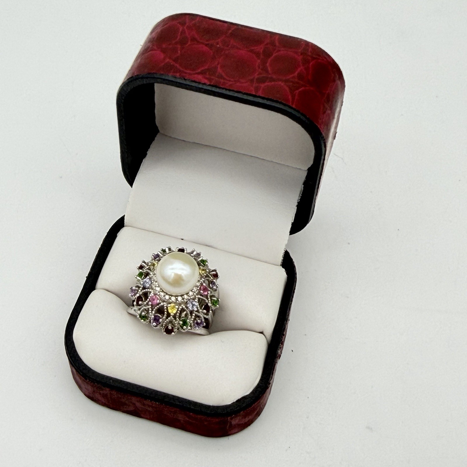Vtg JZ Sterling Silver Pearl Gemstone Princess Ring Garnet Period Size 6 QVC