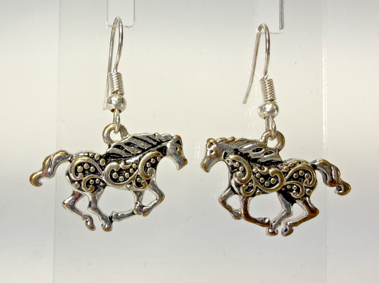 Silver Tone Equestrian Horse Galloping Dangle Earrings