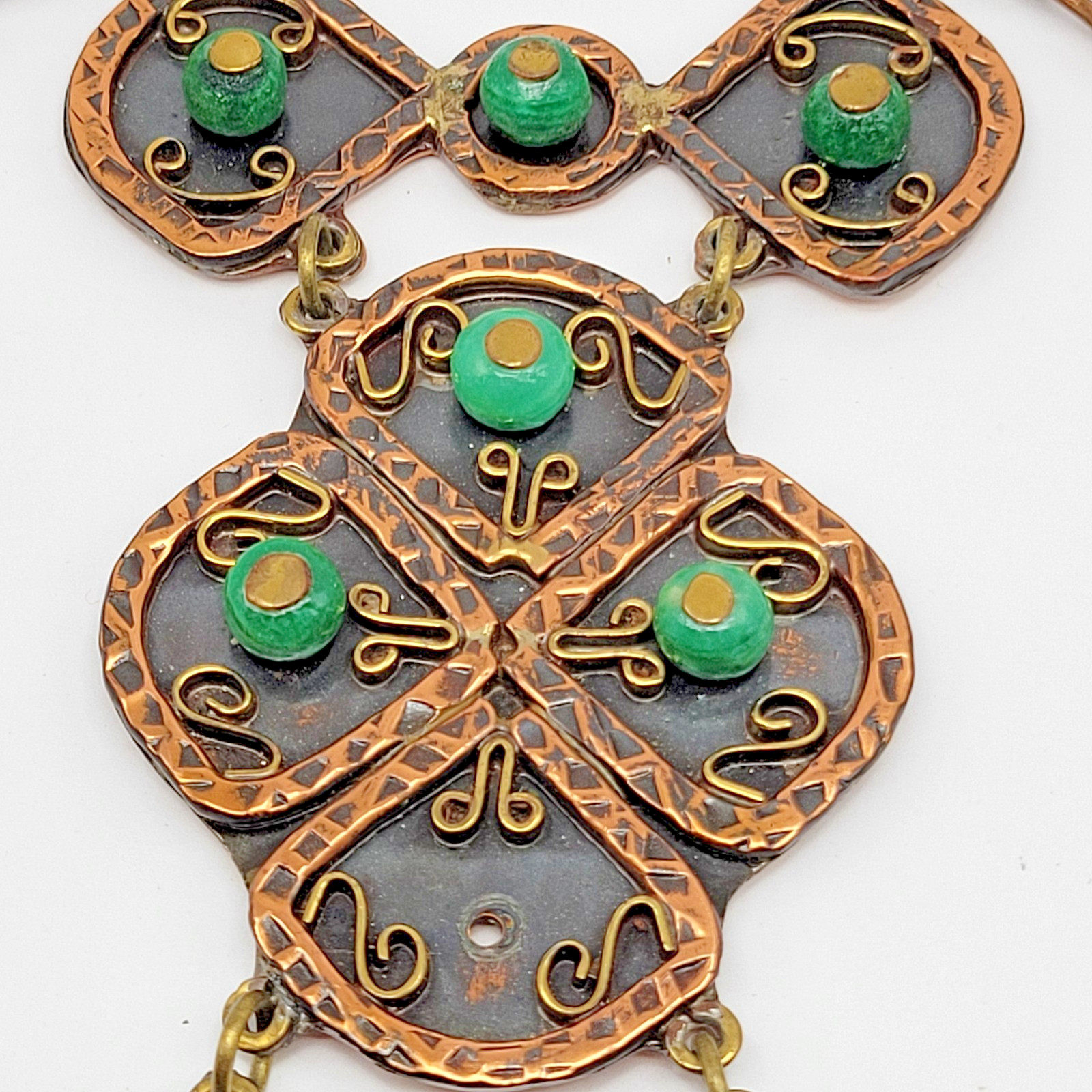 Vintage Casa Maya Copper Brass Green Stone Statement Pendant Necklace as-is ~24″
