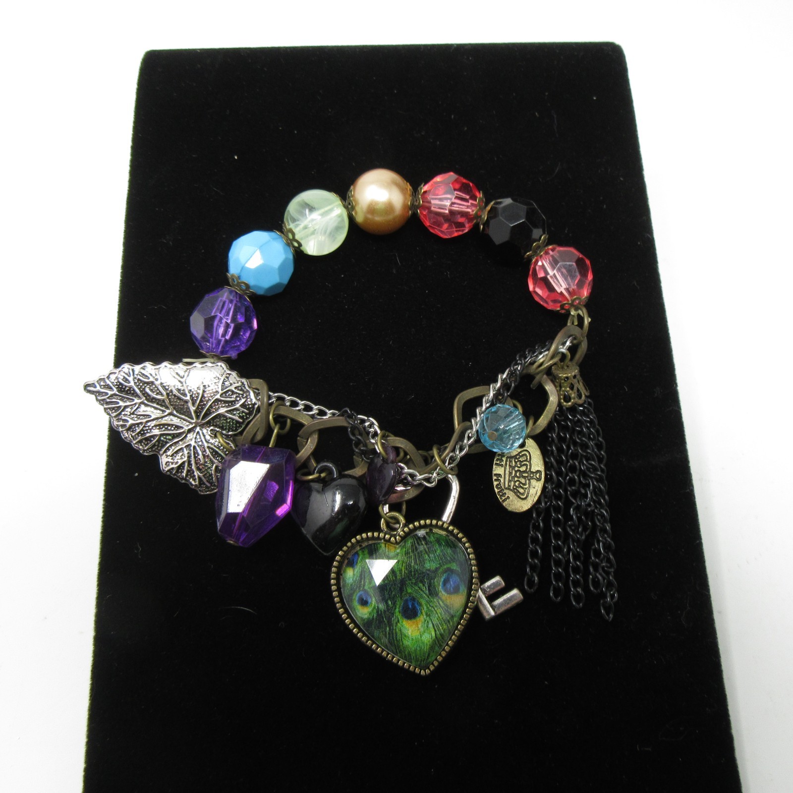 Tutti Frutti Peacock Beaded Multi Charm Heart Tassel Stretch Bracelet 7″ inch vt
