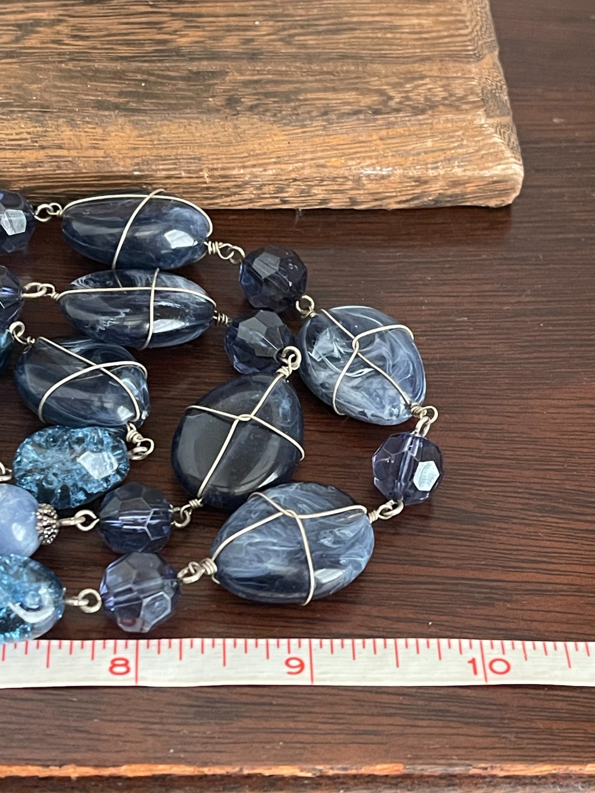 Multi Strand Necklace Blue Acrylic Wire Wrapped Beaded Accented Silver Tone Boho