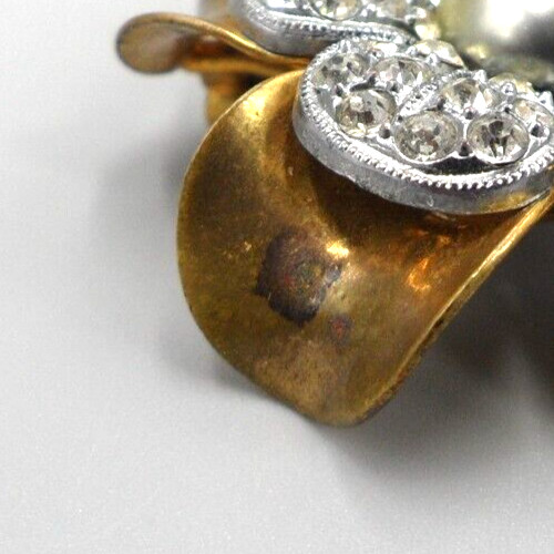 30s 40s Flower Brooch Gray Faux Pearl Crystal Layered Reflexed Petals Retro Vtg
