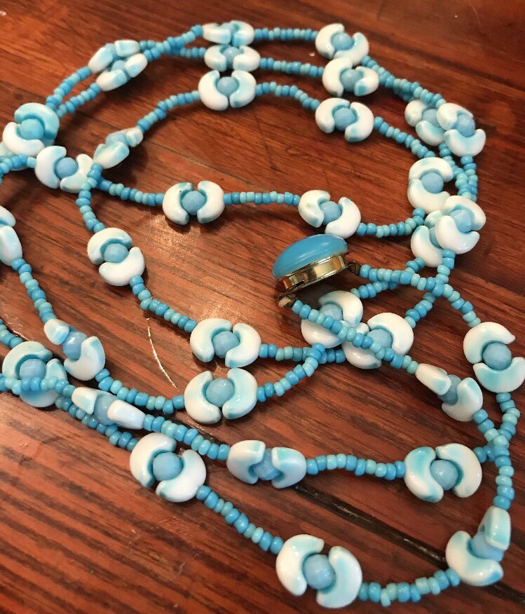 Vintage Signed WEST GERMANY Art Glass Blue Beaded Necklace And Clip On Earrings