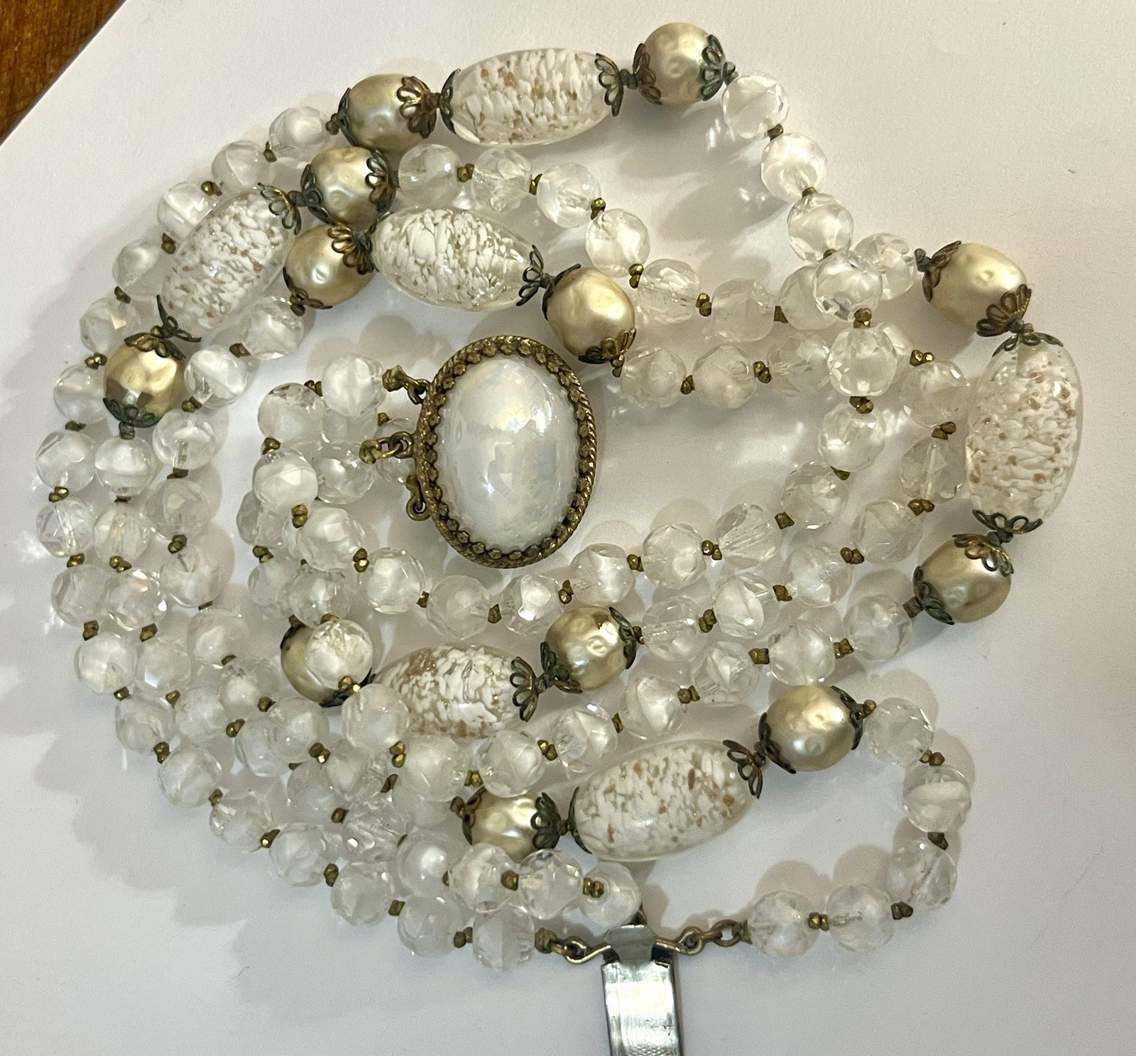Vintage Foil Glass Necklace Murano Multistrand White Beaded Estate Jewelry Rare