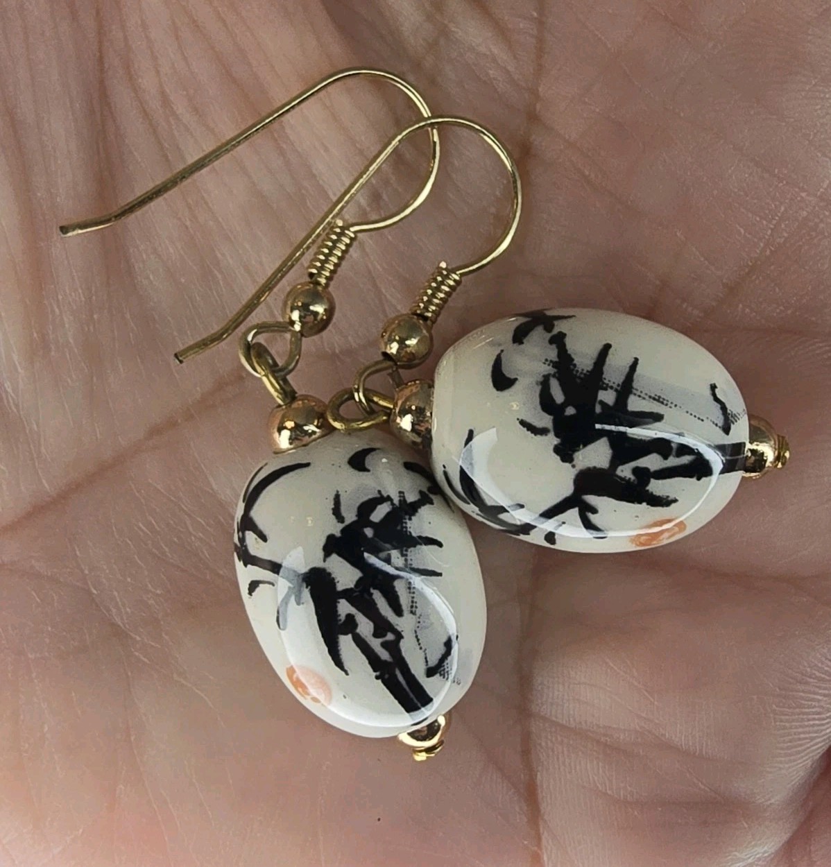 Earrings White Porcelain Bamboo Dangle Earrings Asian Inspired Gold Tone #1019