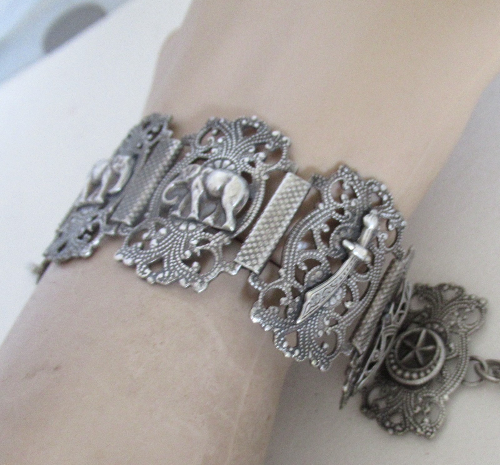 VINTAGE or ANTIQUE TURKEY STERLING BRACELET, 6 1/2 to 7 1/2″ WRIST , 1.25 INCH W