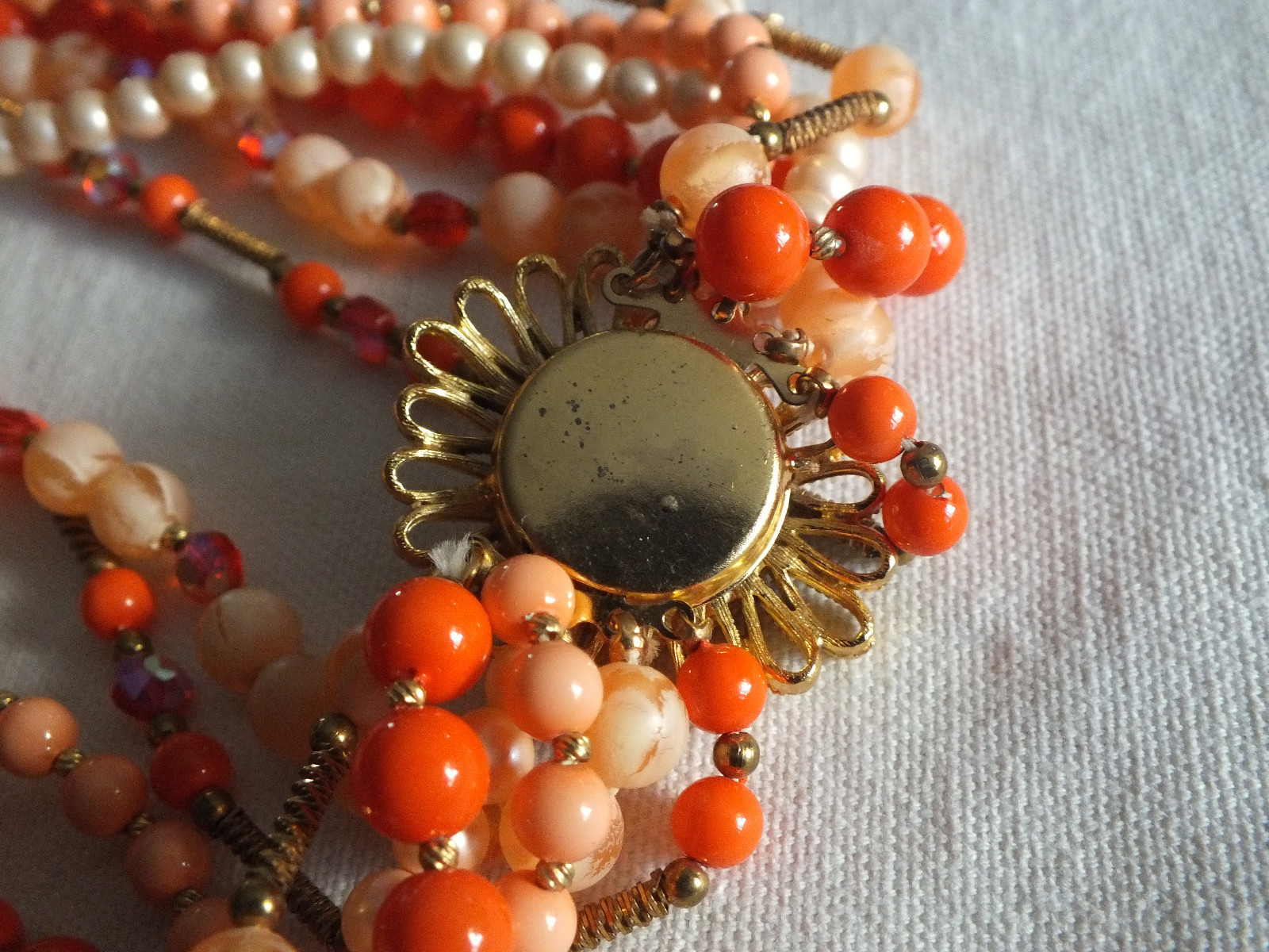 Beautiful Necklace Gold Tone Orange Peach Cream AB Rhinestones 6 Strand 22″ WOW