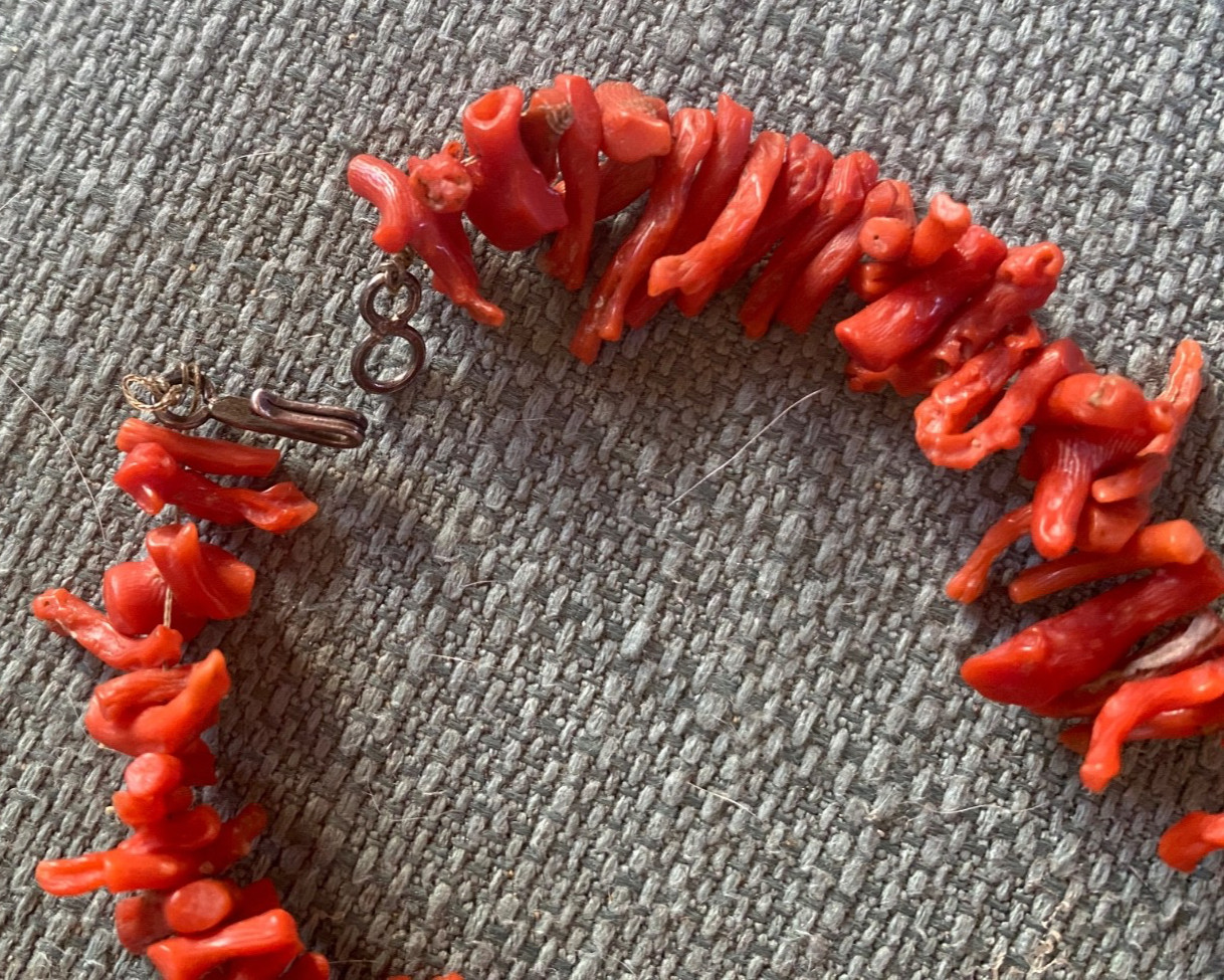 Vintage 1970’s Natural Branch Red Coral Necklace w Silver? Metal Beads 18″