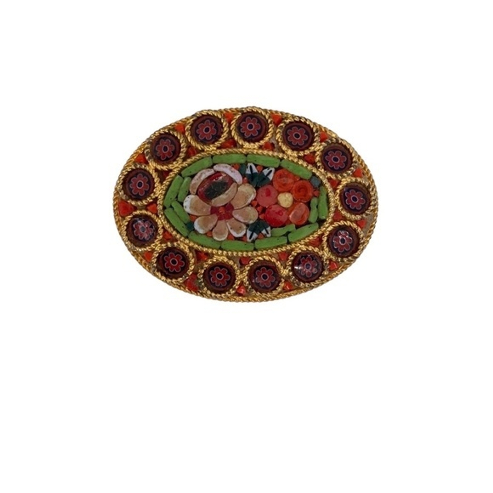 Vintage Italian Floral Micro Mosaic Oval Brooch with Safety Pin Clasp