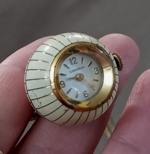 VINTAGE CARAVELLE BALL PENDANT WATCH 60’S WHITE & GOLD ENAMEL RUNNING HAND WIND