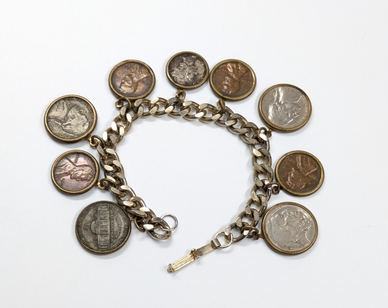 Real Coin Charm Bracelet 25 30s 40s 50s Nickel Wheat Penny Buffalo Mercury Dime