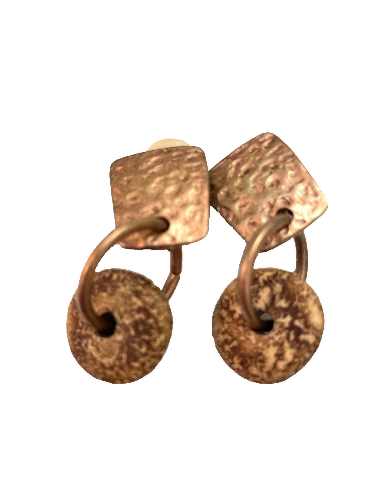 Norma Jean Earrings Drop Dangle Hammered Coppertone Metal & Disc Clip-on Signed