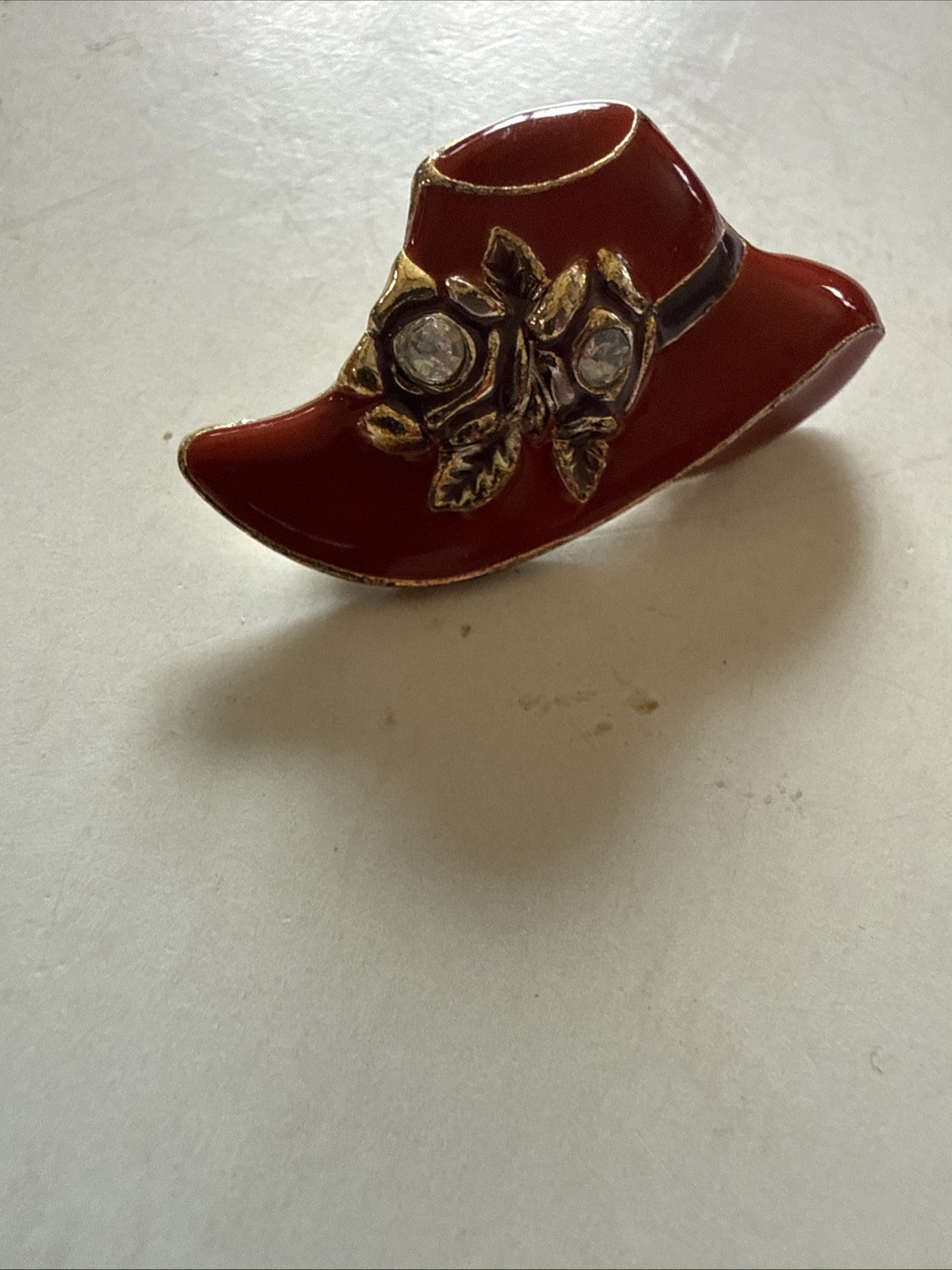 VTG Red Hat Society Enamel Brooch Pin Red Enamel Silver Tone Metal & Rhinestones