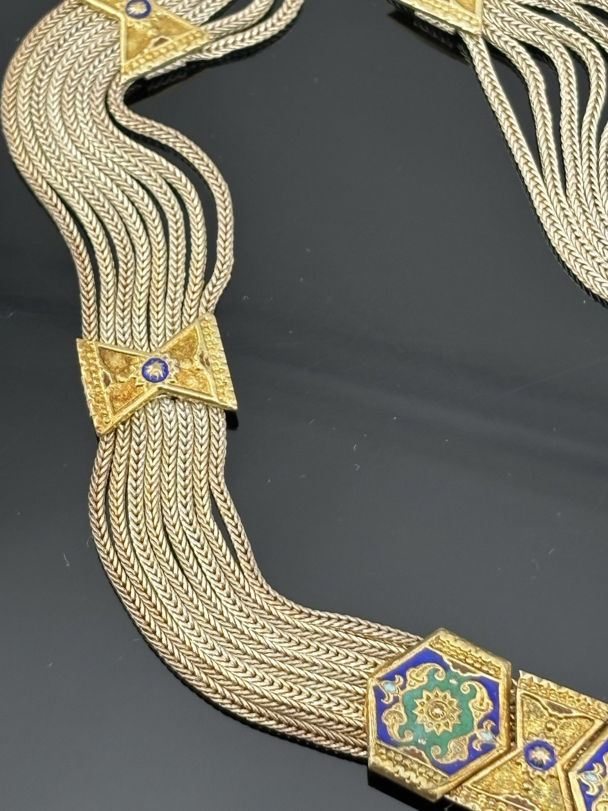 Vtg Anatoli Sterling Silver Enamel Necklace Gold Vermeil Station Pendants 17″