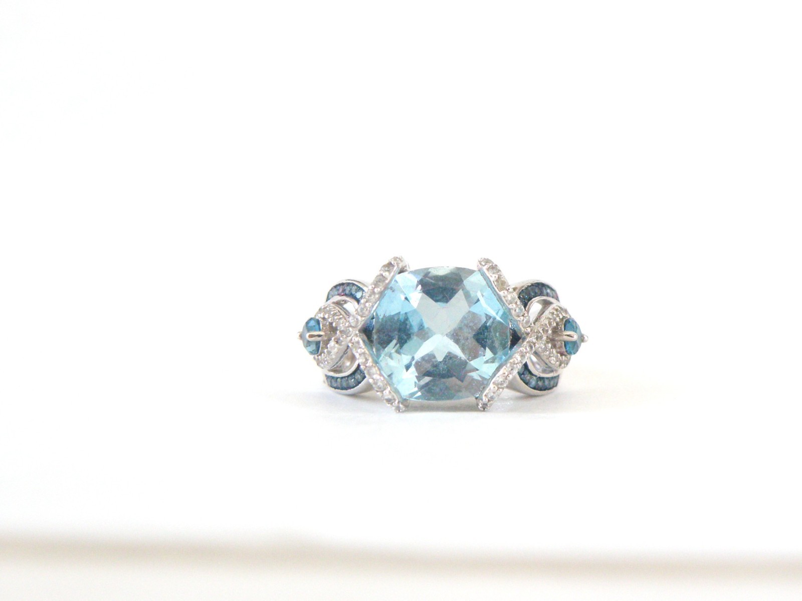 Vintage Style Sterling Silver 925 Natural Heated Blue Topaz Diamond Ring Size 6