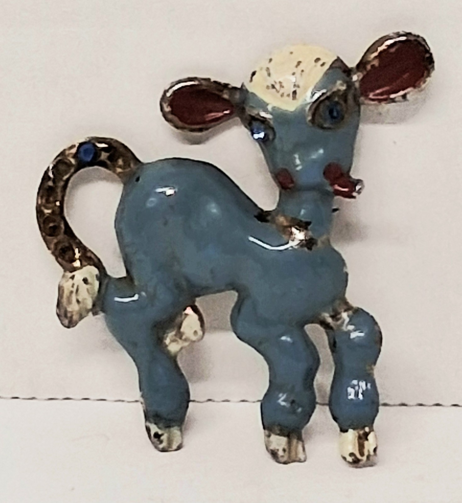 Vintage 1930’s Goldtone And Blue Enamel Cow Calf Brooch