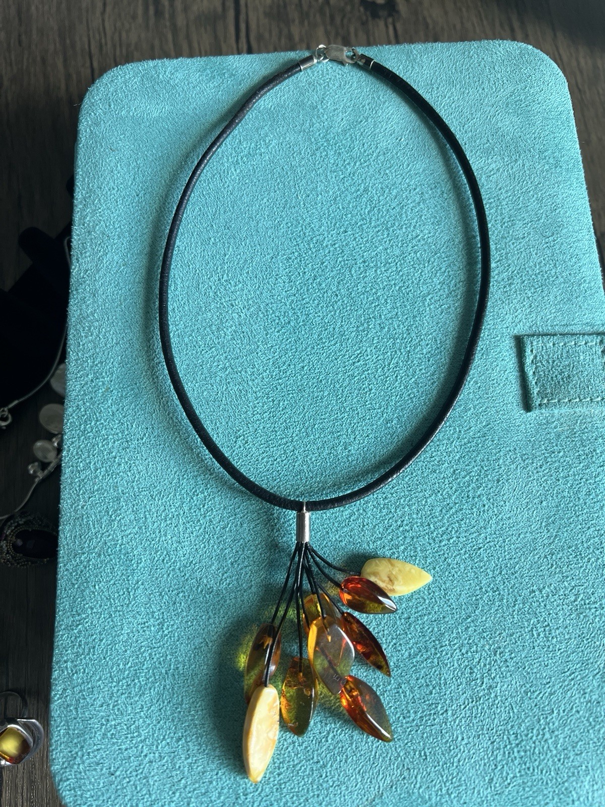 Vintage Amber Black Leather Cord Necklace Sterling Silver Clasp 16 Inch