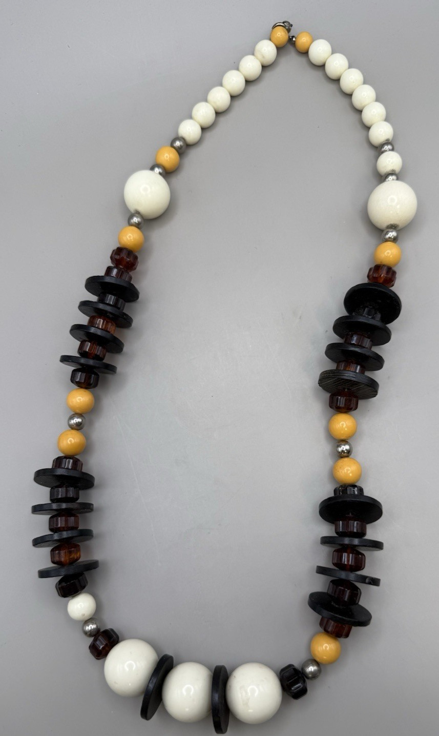 VTG Chunky Beaded Statement Necklace Cream , Amber Yellow , Black Mixed Beads