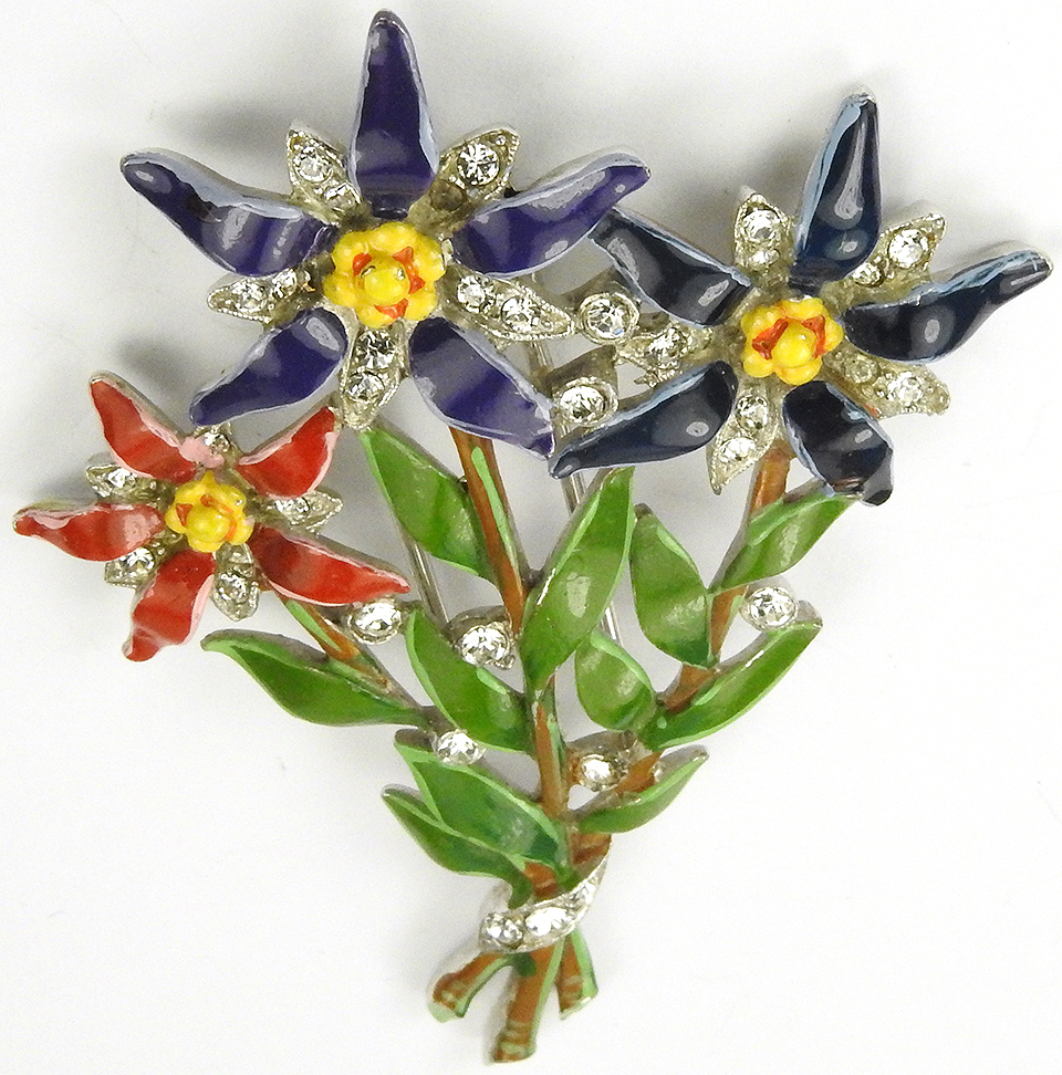 Trifari ‘Alfred Philippe’ Red Violet and Blue Enamelled Star Flowers Pin Clip