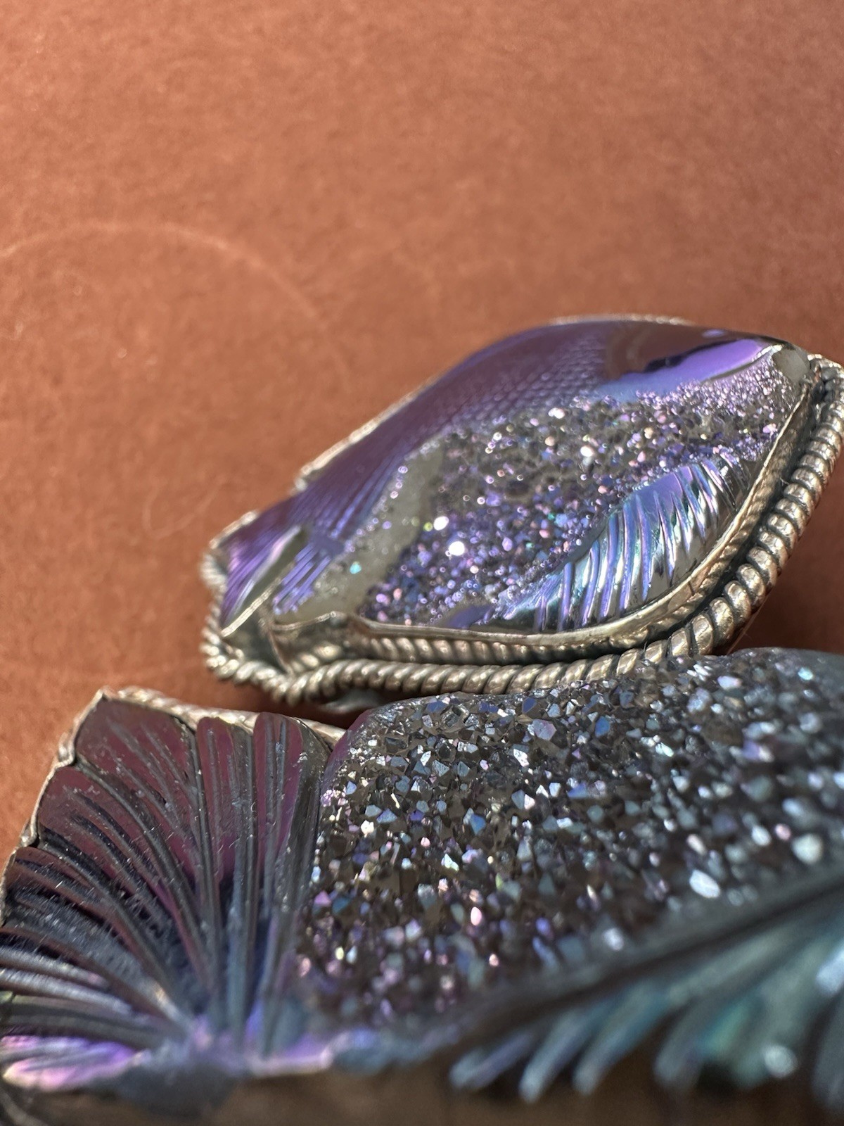 Amy Kahn Russell Ring Sterling Blue Druzy Fish Quartz Carved 925 Brooch/Pin