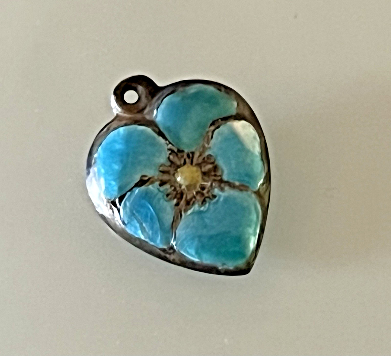Sterling Silver Heart Flower Charm Puffy Blue Enamel Pansy 925 Vintage Stamped