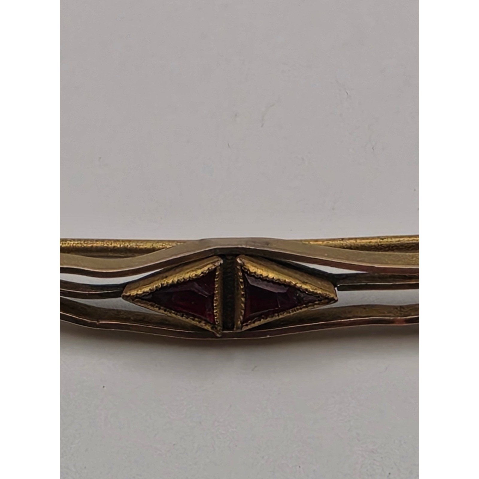 Antique Gold Tone Red Glass Triangle Geometric Bar Pin Brooch 3.25 Inch