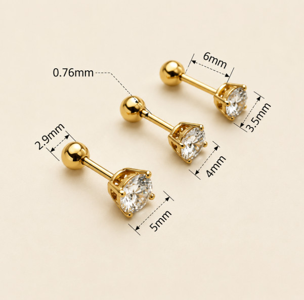 14K AU585 Gold Mini Zircon Screw Back Stud Earrings Vintage 4mm Pairs