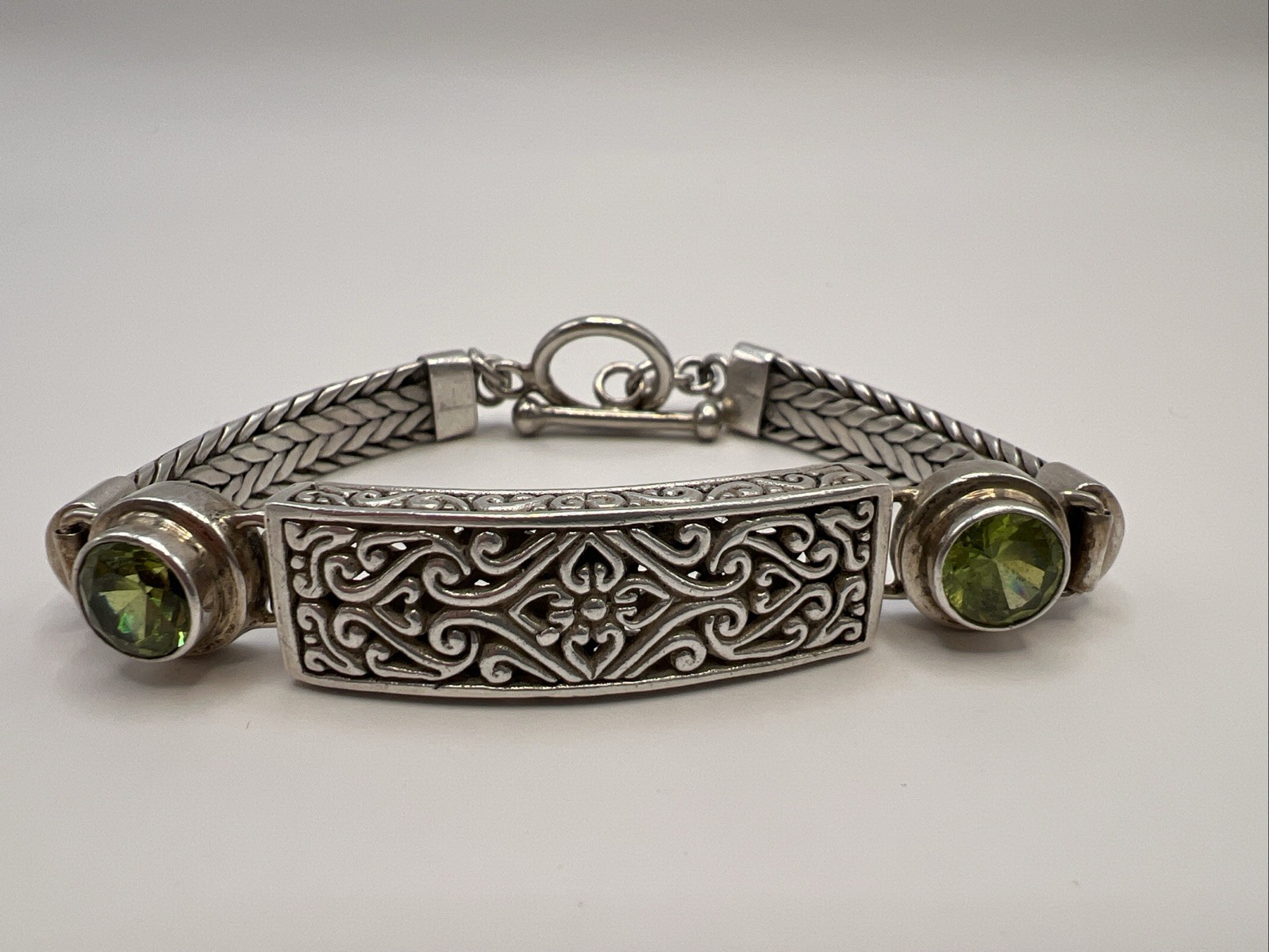 Bali Sterling Silver Peridot Bracelet 7” Handcrafted Balinese Scrollwork Artisan