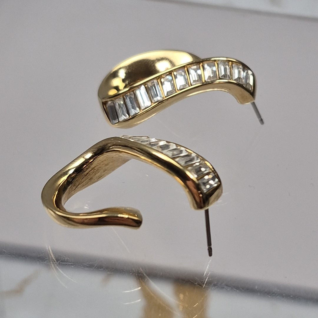 Vintage Swarovski Costume Yellow Gold Tone Crystal Bagguette Swoop Post Earrings