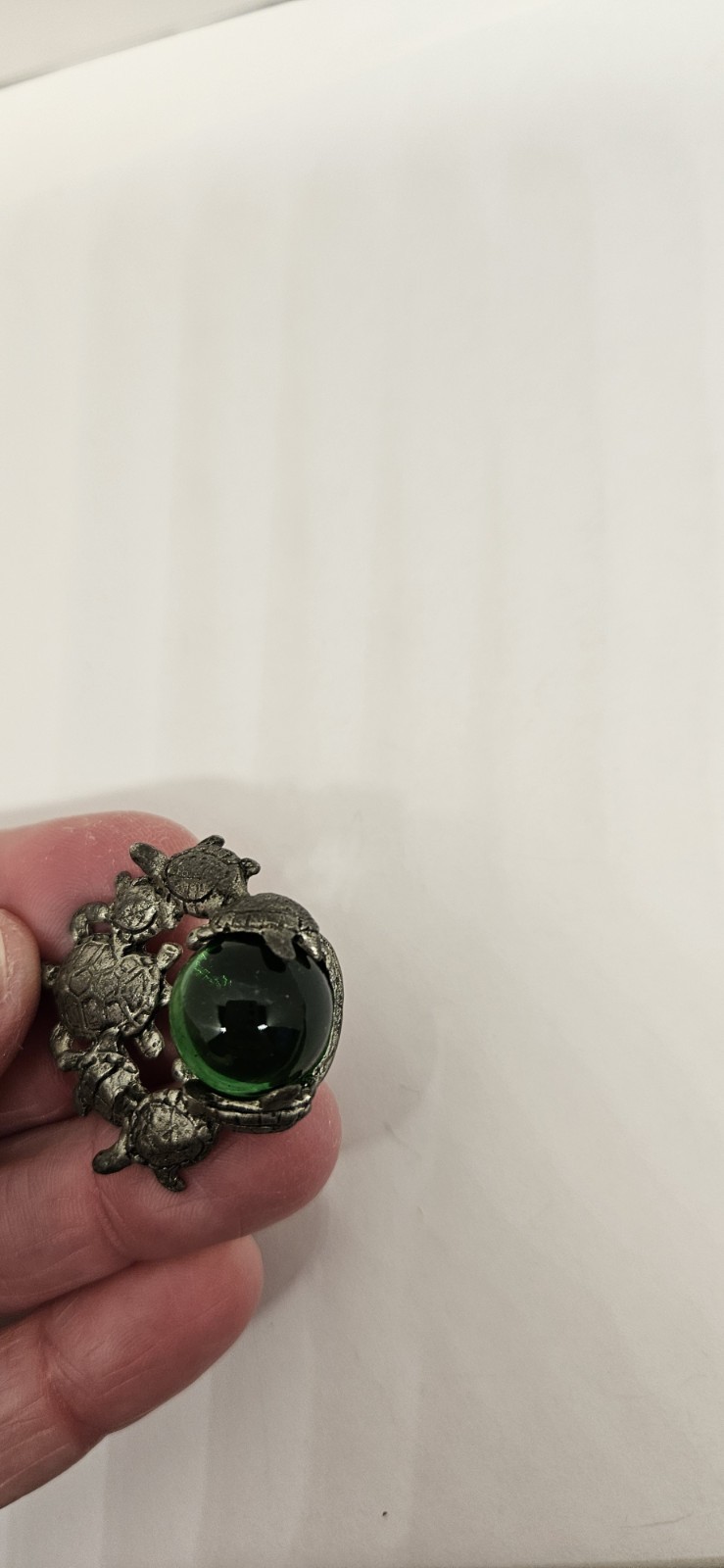 CCI Comstock Turtle Pendant Green Glass Or Crystal Stone Pewter Silver Signed
