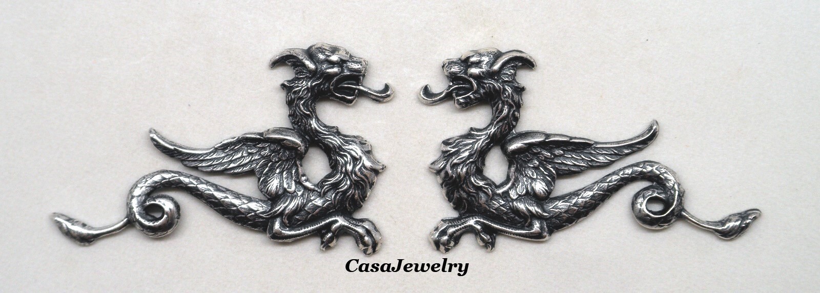 #1803 ANTIQUED STERLING SILVER PLATED MYTHICAL WINGED DRAGONS-L+R – 2 Pcs(1 PR)