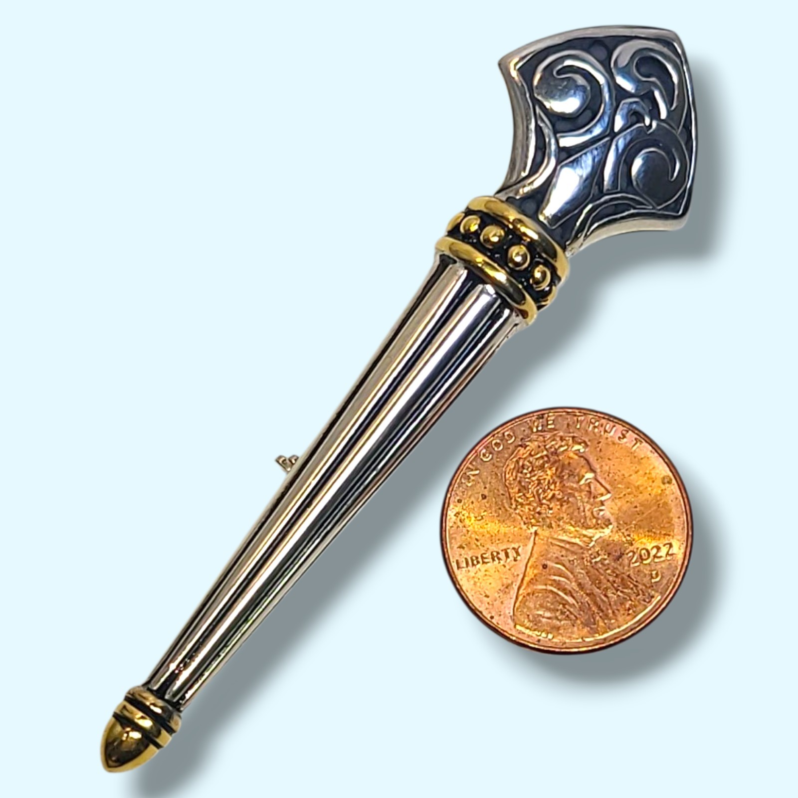 Danielle Patton DP Sword Dagger Brooch Pin Silver Gold Tone Heraldic Vintage