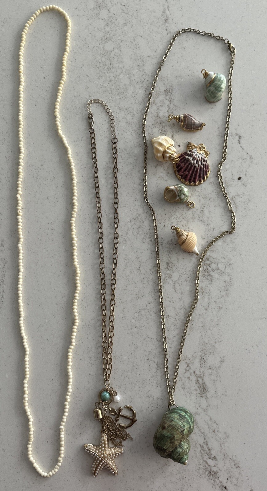 Vintage Lot Of 3 Necklaces (20” & 30”) And 6 Gold Tipped Real Seashell Pendants
