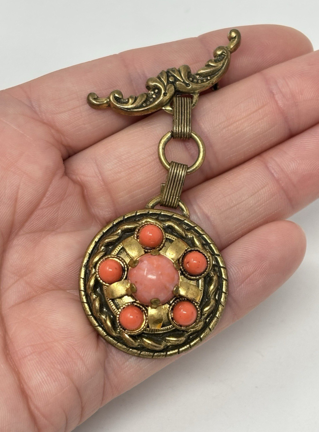 Vintage Etruscan Revival Style Book Chain Dangle Brooch Pin Faux Coral Cabochon