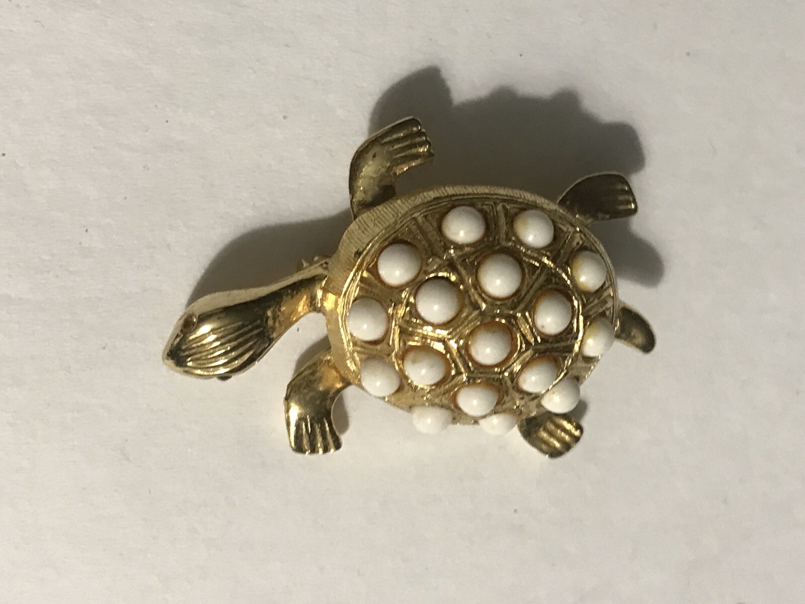 3D Tortoise Turtle Gold w/white Seed Beads BROOCH JEWELRY Vintage 1-1/2” Pin