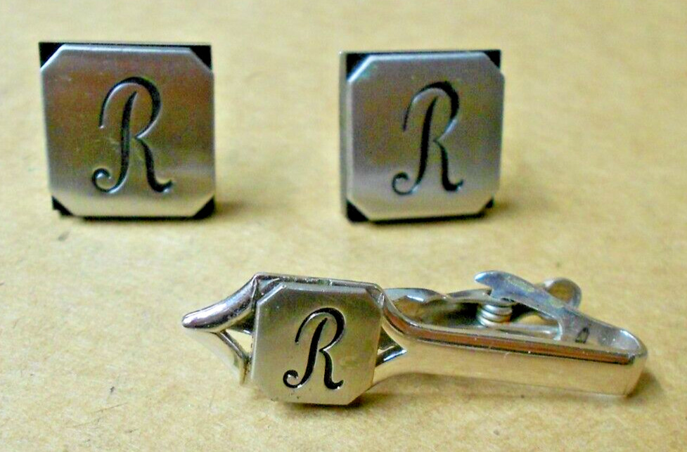R Monogram Initial Letter Font Vtg SWANK Cuff Links & Tie Bar Clip Set