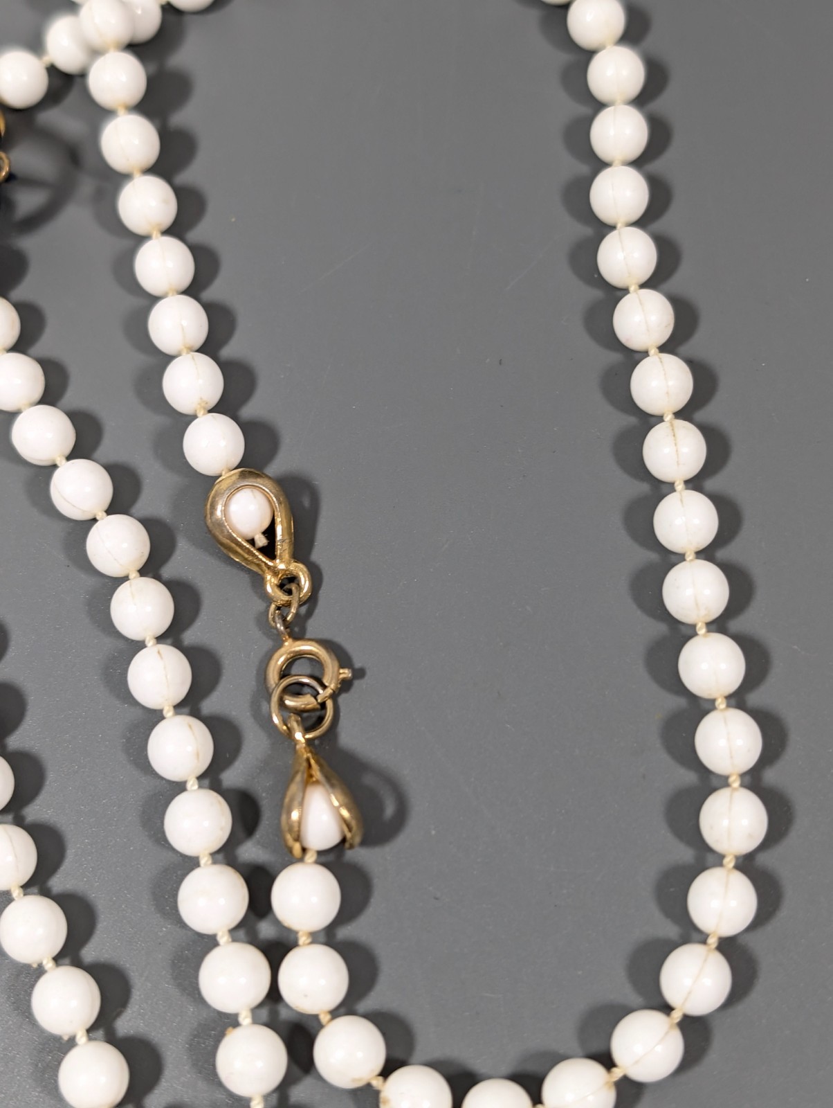 Vintage White Beaded Very Long Necklace Blue Accent Layering 54 in Opera