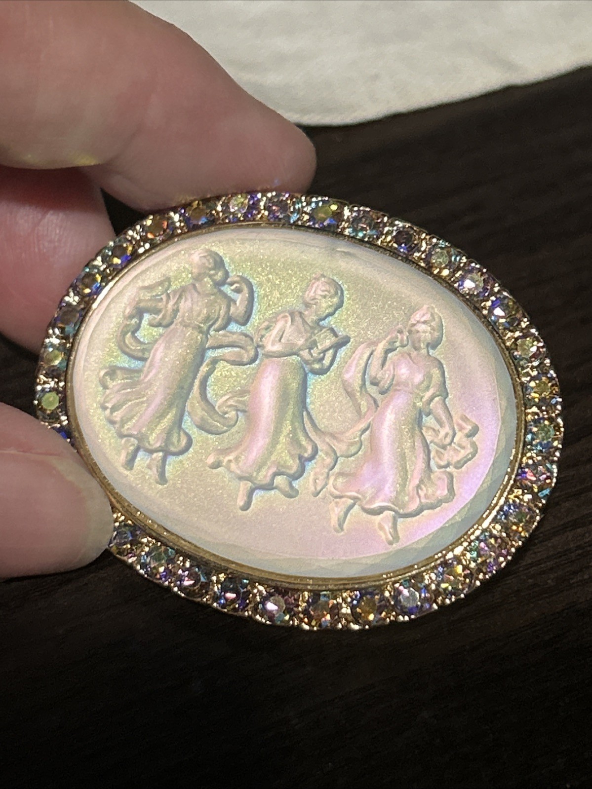 Vintage Kirk’s Folly Camphor Iridescent Glass 3 Dancing Maidens Brooch AB Stones