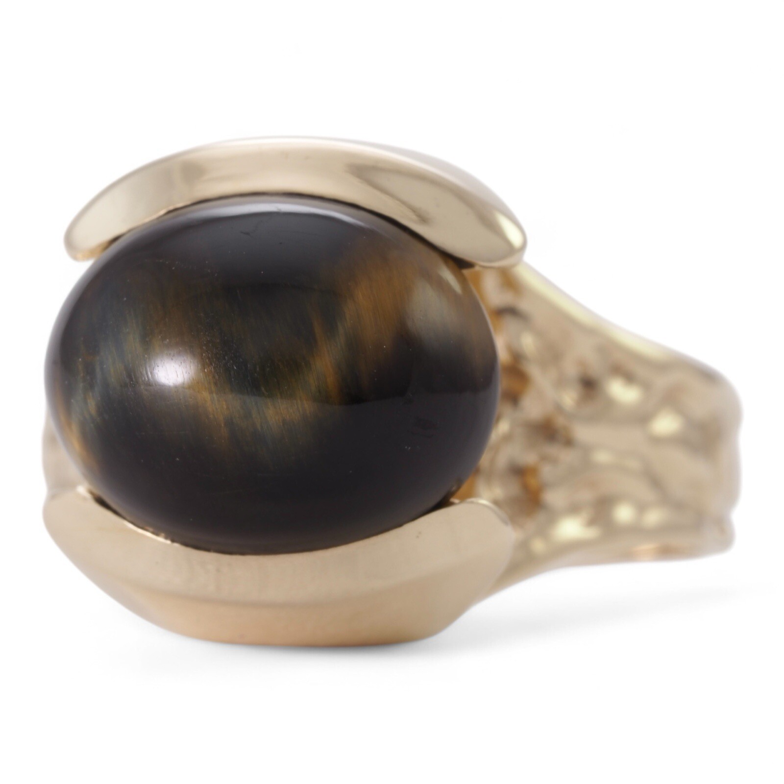 CHATOYANT CABOCHON 1970s 14K Yellow Gold High Set Tiger’s Eye Modernist Ring