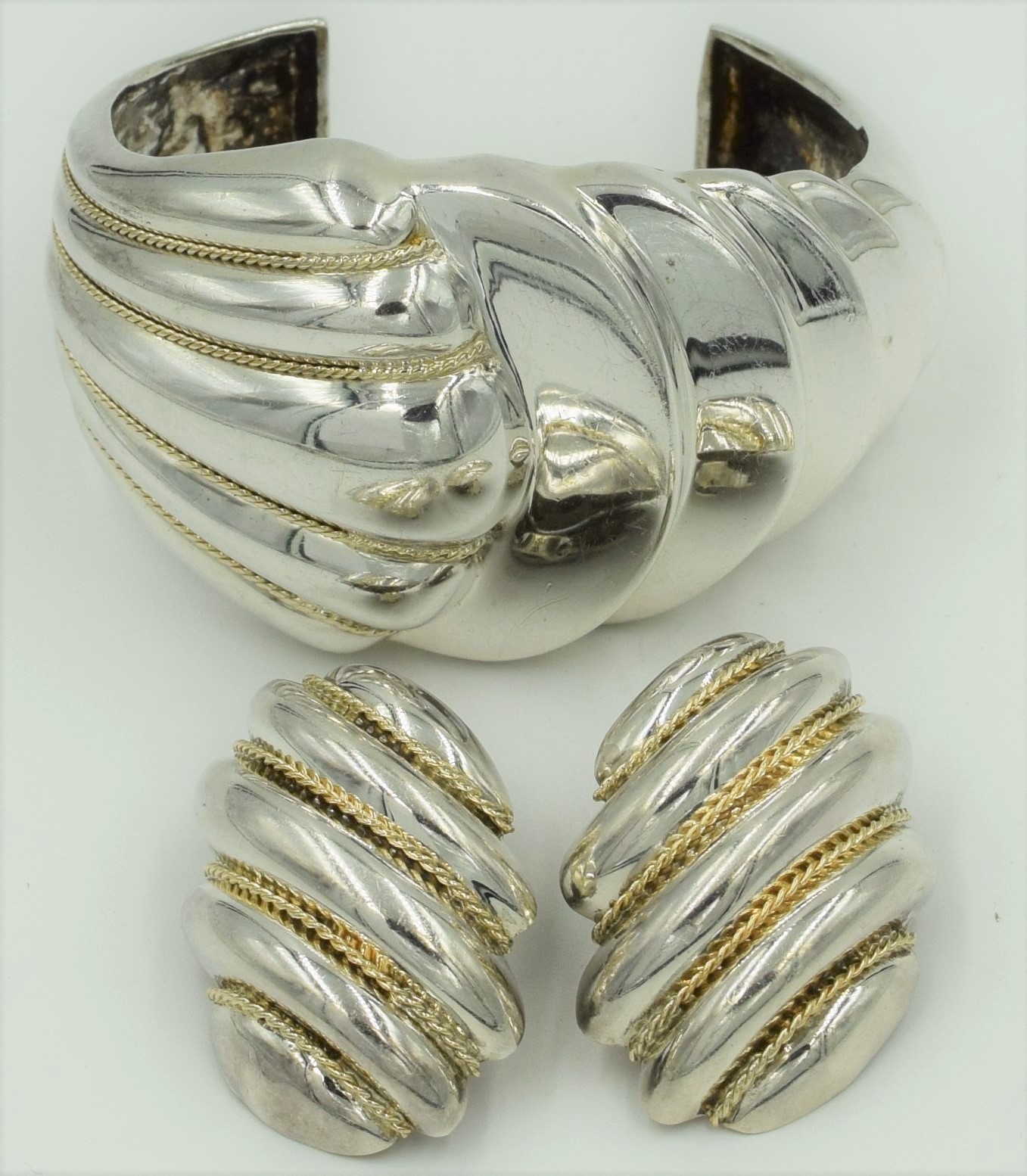 Sterling Silver Yellow Gold Cuff Bracelet Earring Set Chunky 14K BIG Signed DND