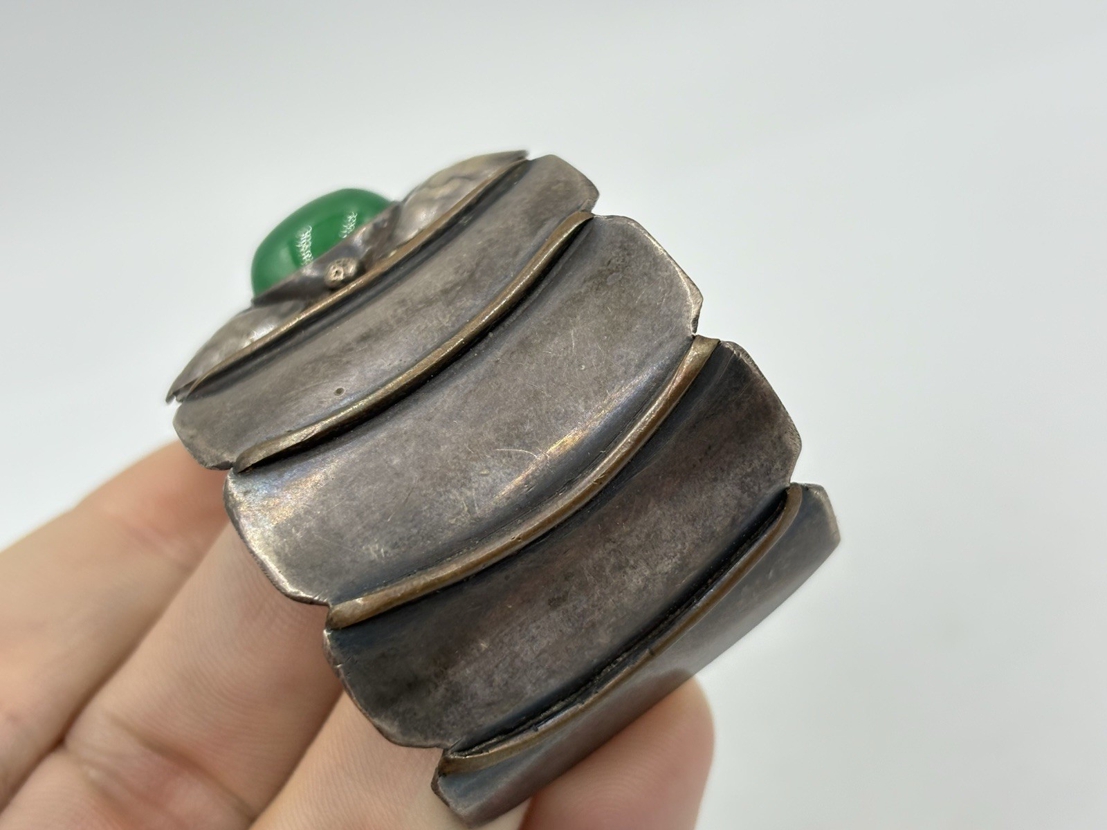 Antique Arts & Crafts Sterling Silver Mixed Metal Green Chalcedony Cuff Bracelet