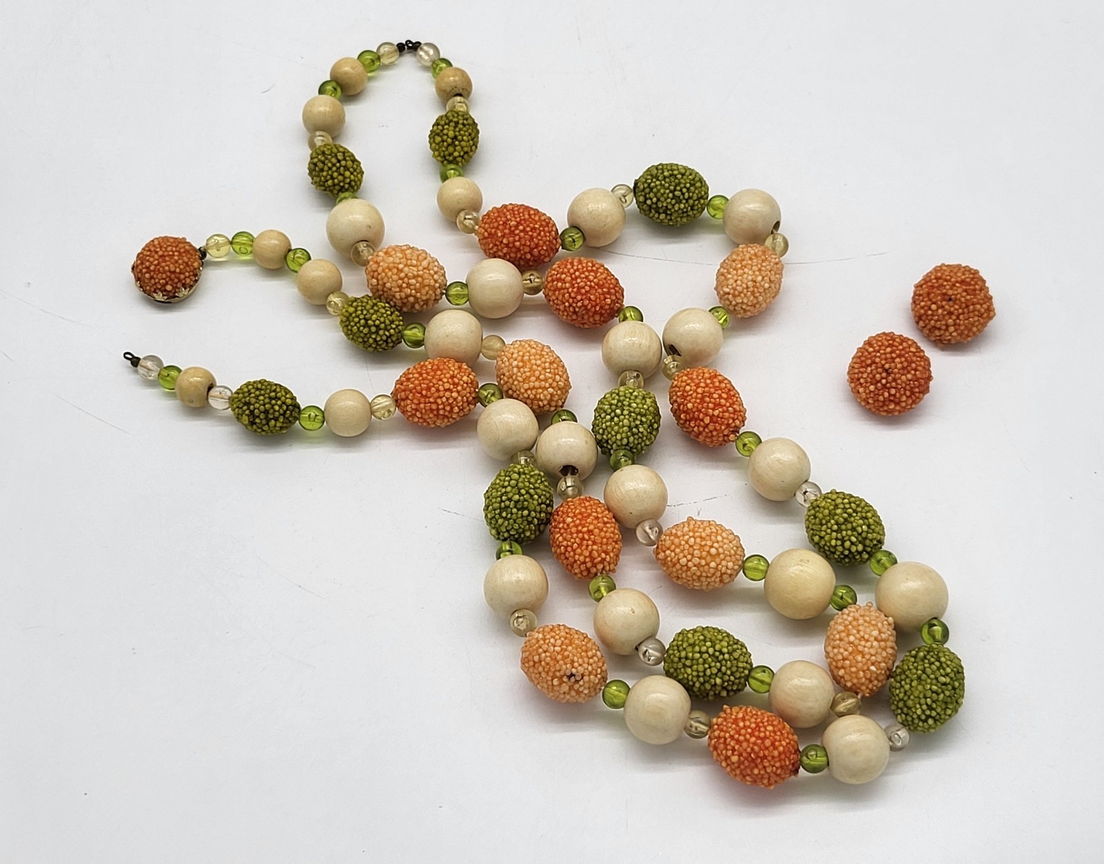 West Germany 28″ double stand popcorn bead necklace and matching clip earrings
