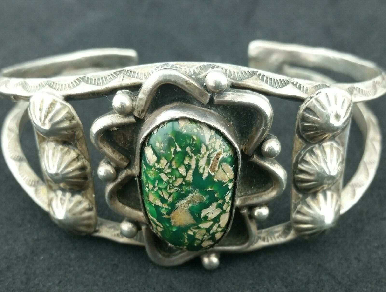 Vtg Damele Turquoise Sterling Silver Cuff Concho Bracelet Circa 1920s Sand Cast