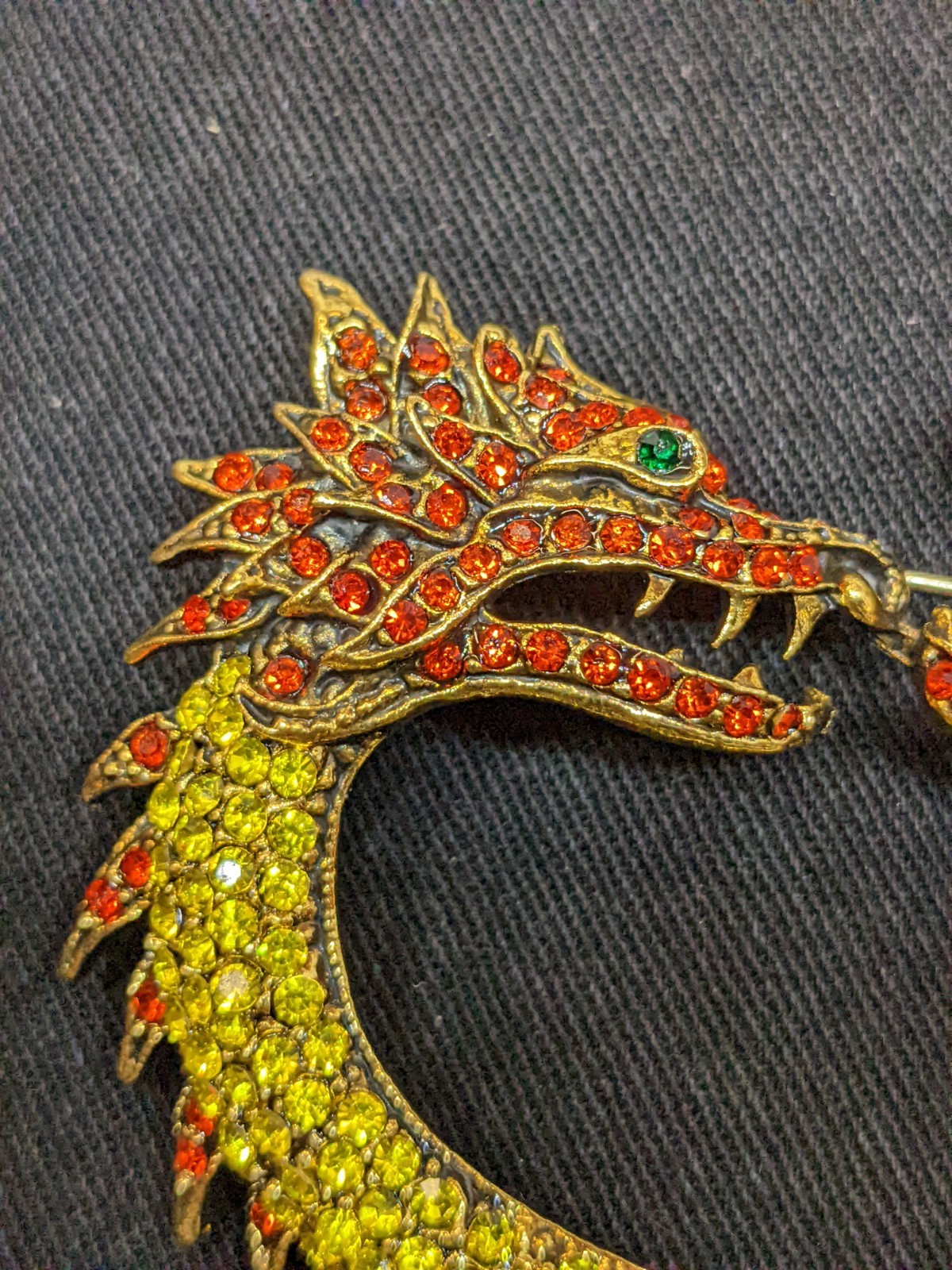 Vtg Dragon Brooch Gold Tone Green Red Rhinestone Chinese Fantasy Statement Pin