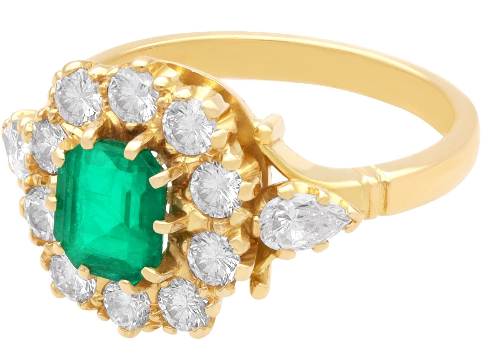 Vintage 0.93Ct Emerald and 0.90Ct Diamond 18k Yellow Gold Cluster Ring (1989)