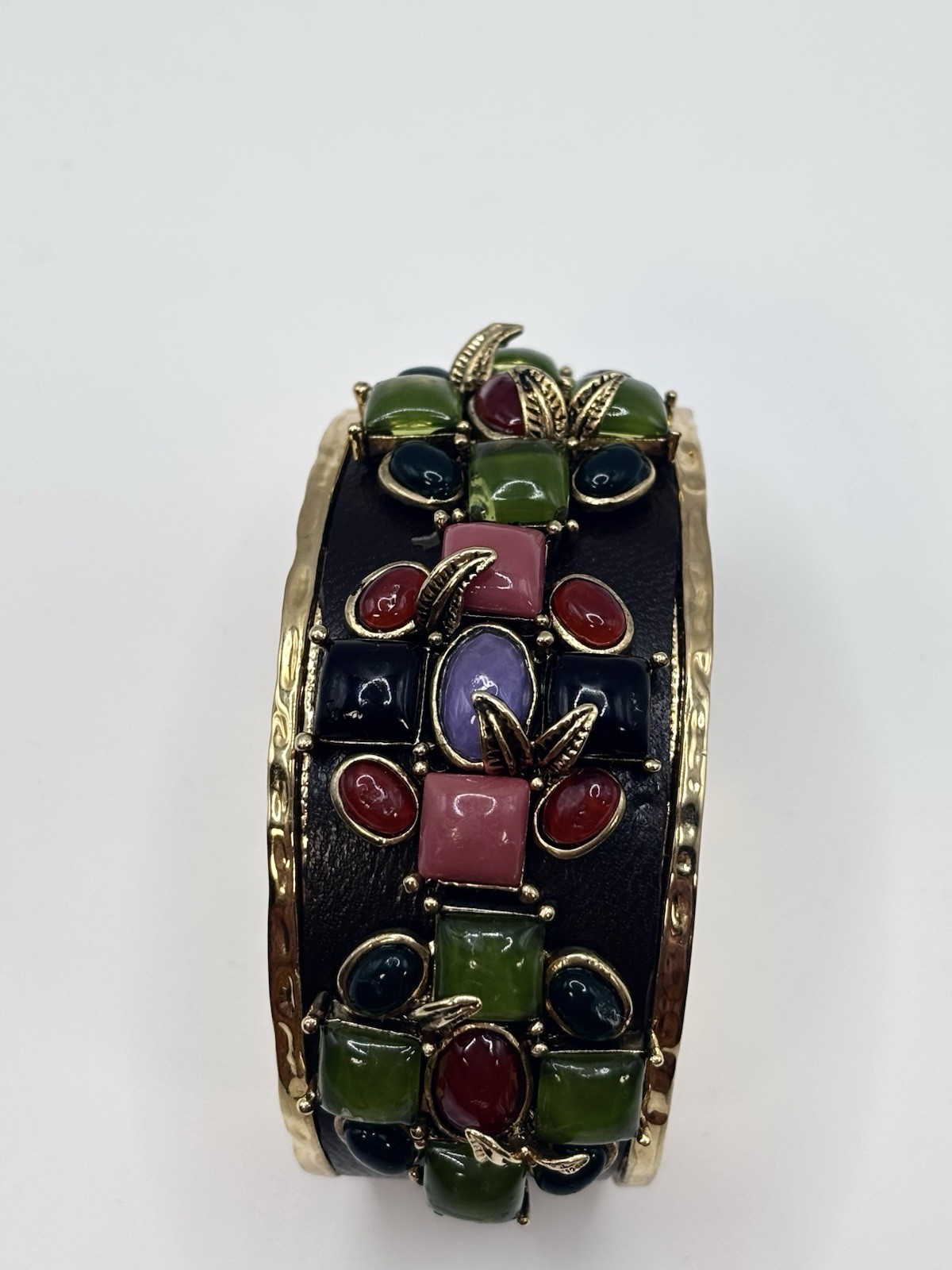 Vintage Chunky Gold Tone Multicolor Cabochon Crystal & Leather Byzantine Cuff