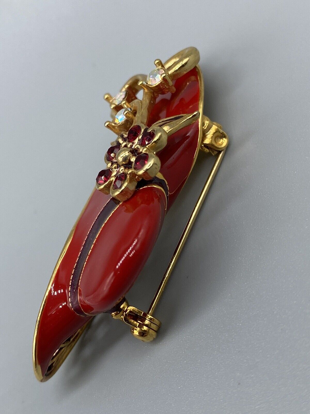 Vintage 1960s Brooch Pin Lapel Lady Hat Red Enamel Rhinestone Gold Tone