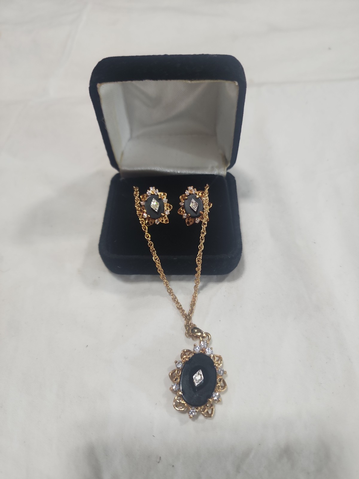 Gold and Onyx Diamond Necklace W/ matching Earrings