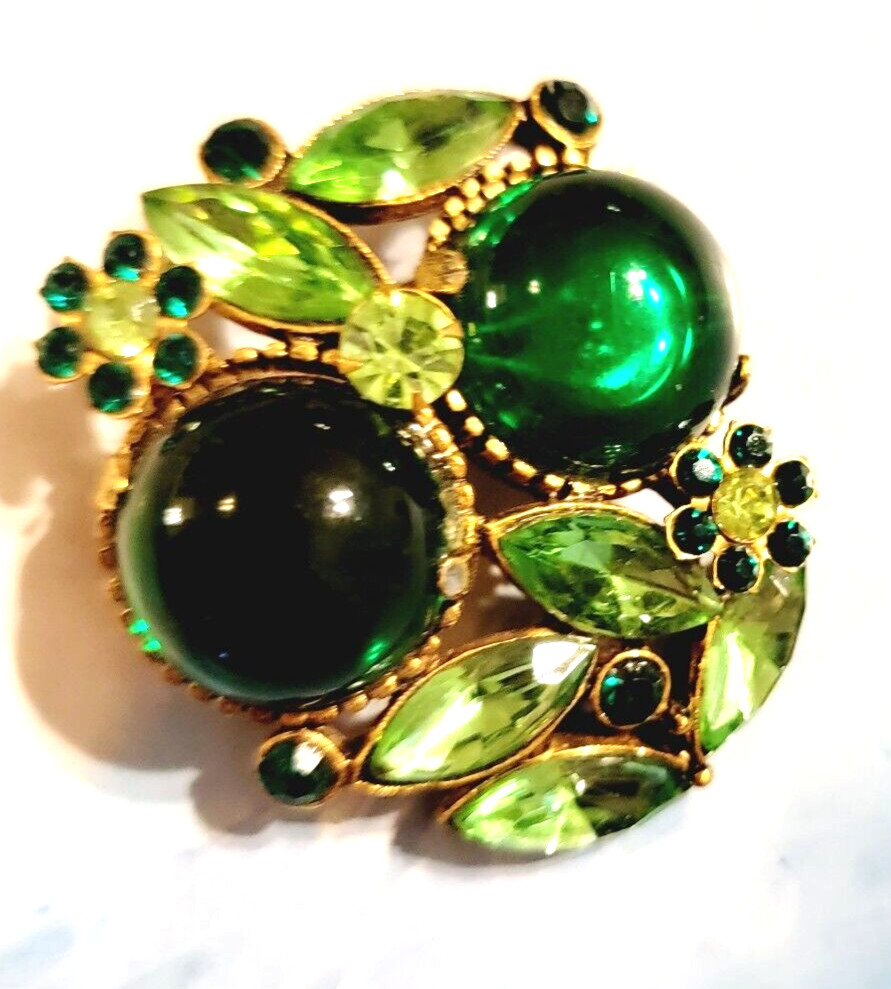 Vintage Large Gripoix Rhinestone Brooch Pin, Green Glass Floral Mogul Jewelry